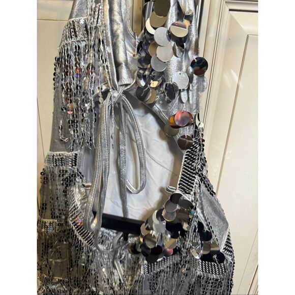 Women's Embellished Sequin Open Back Halter Sleeveless Beyonce Dress Silver XS - Picture 6 of 9